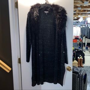 SIONI Glitter shimmer black sweater duster with detachable fur hood - XL